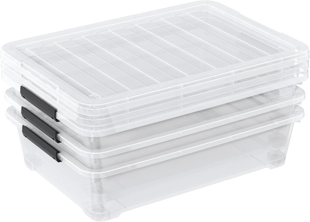 40 Quart Plastic Clear Underbed Storage Bin with Wheels, 3 Packs