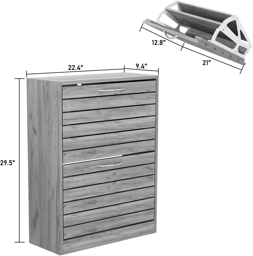 Small Shoe Cabinet with 2 Flip Drawers, Louver Surface, Grey