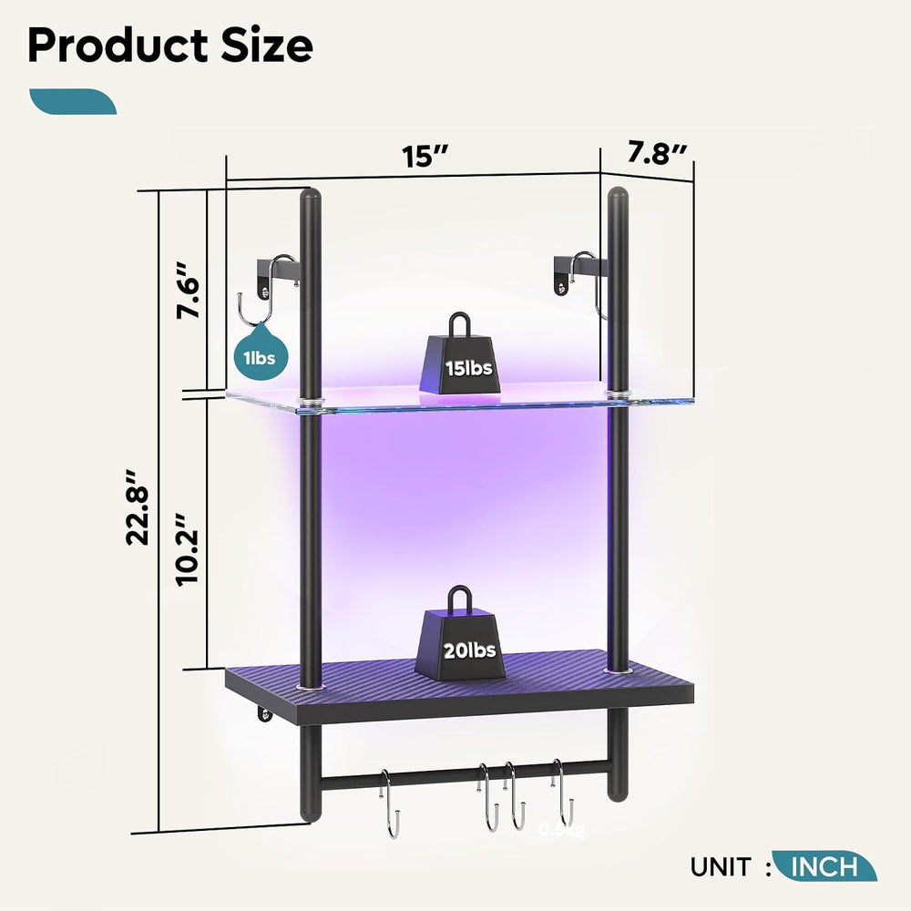 Bestier 15" Gaming Floating Shelves with LED Lights, Carbon Fiber Black