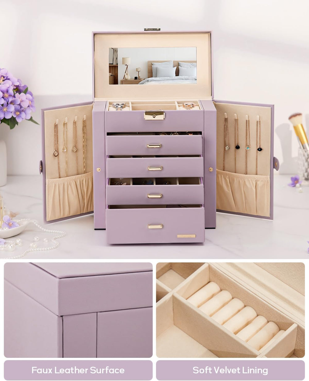 Homde Large Jewelry Box for Women: 5-Layer Organizer with Lock for Dresser