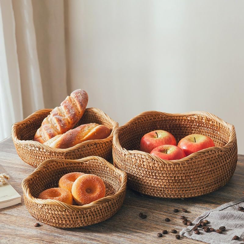 Rattan Bread Basket, Hand Woven Fruit Basket, Wicker Serving Basket Bowl, Dec...