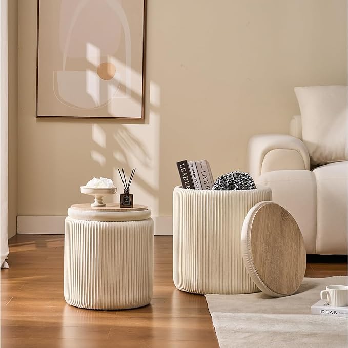 Round Set of 2 Ottoman with Storage-Upholstered Velvet Vanity Stool