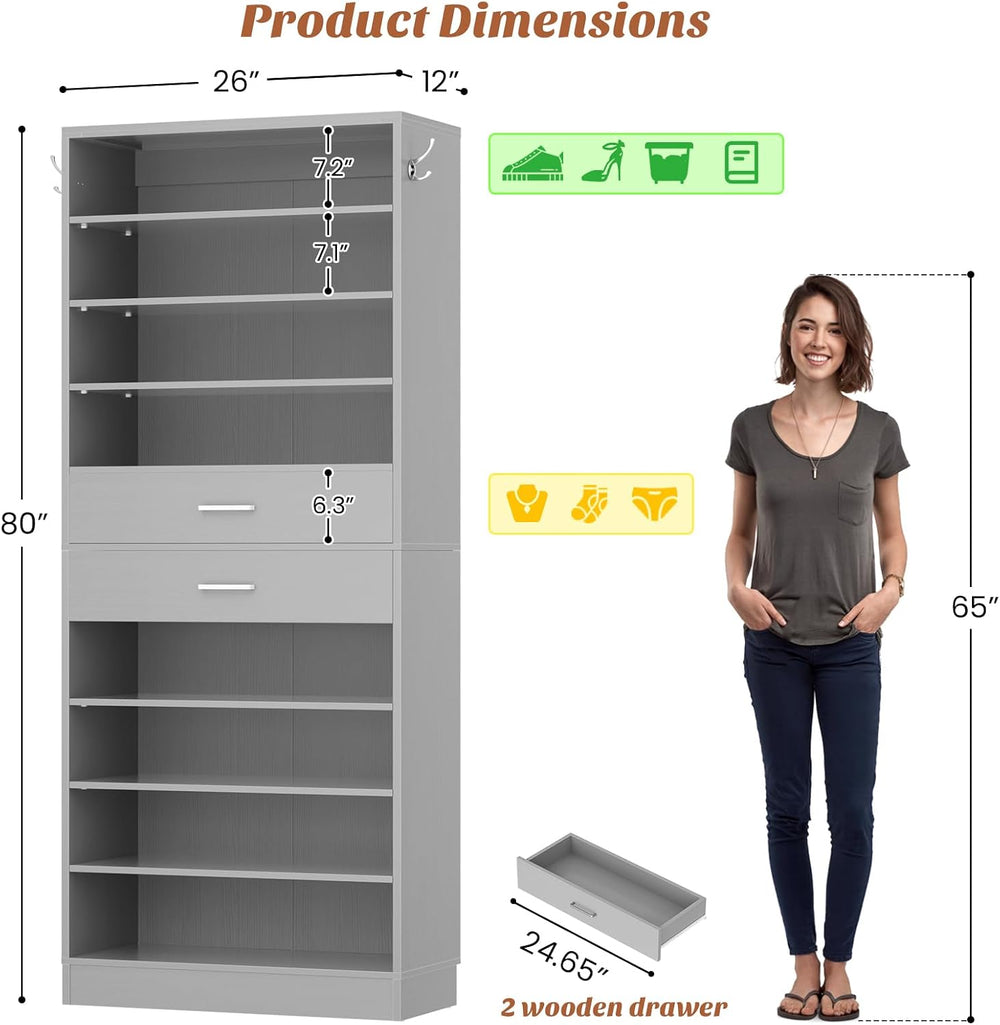 Aheaplus 10 Tiers Tall Shoe Cabinet, 25.6" Wood Sturdy Shoe Rack, Grey