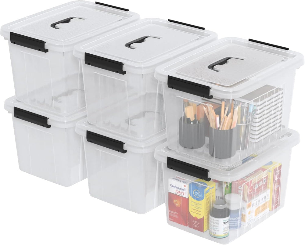 Saedy 6 Pack 12 Quart Plastic Latching Storage Box with Handle, Clear
