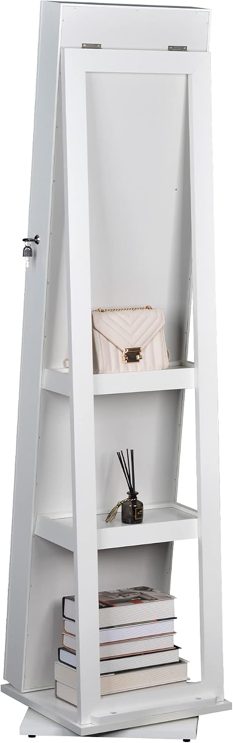 360° Swivel Jewelry Armoire with Full-Length Mirror, Lockable Standing Jewelr...
