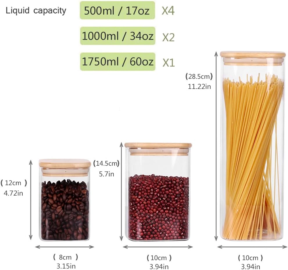 LEAVES AND TREES Y Glass Storage Canister with Wooden Lid, Set of 7 Square Gl...