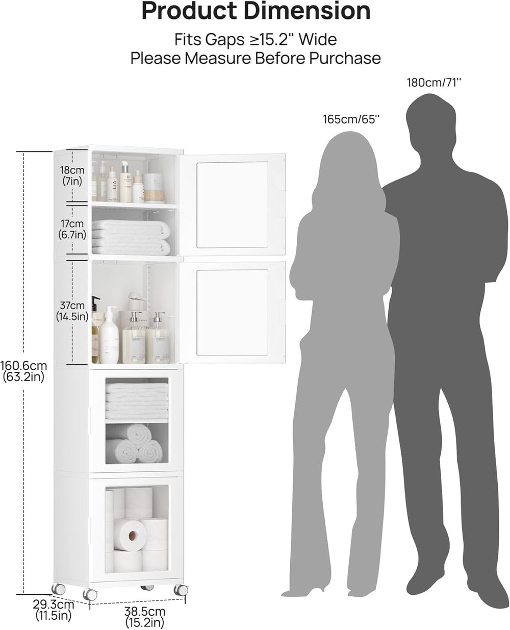 Vtopmart 63.2”H x 15.2“W Waterproof Bathroom Storage Cabinet for Tiny Space