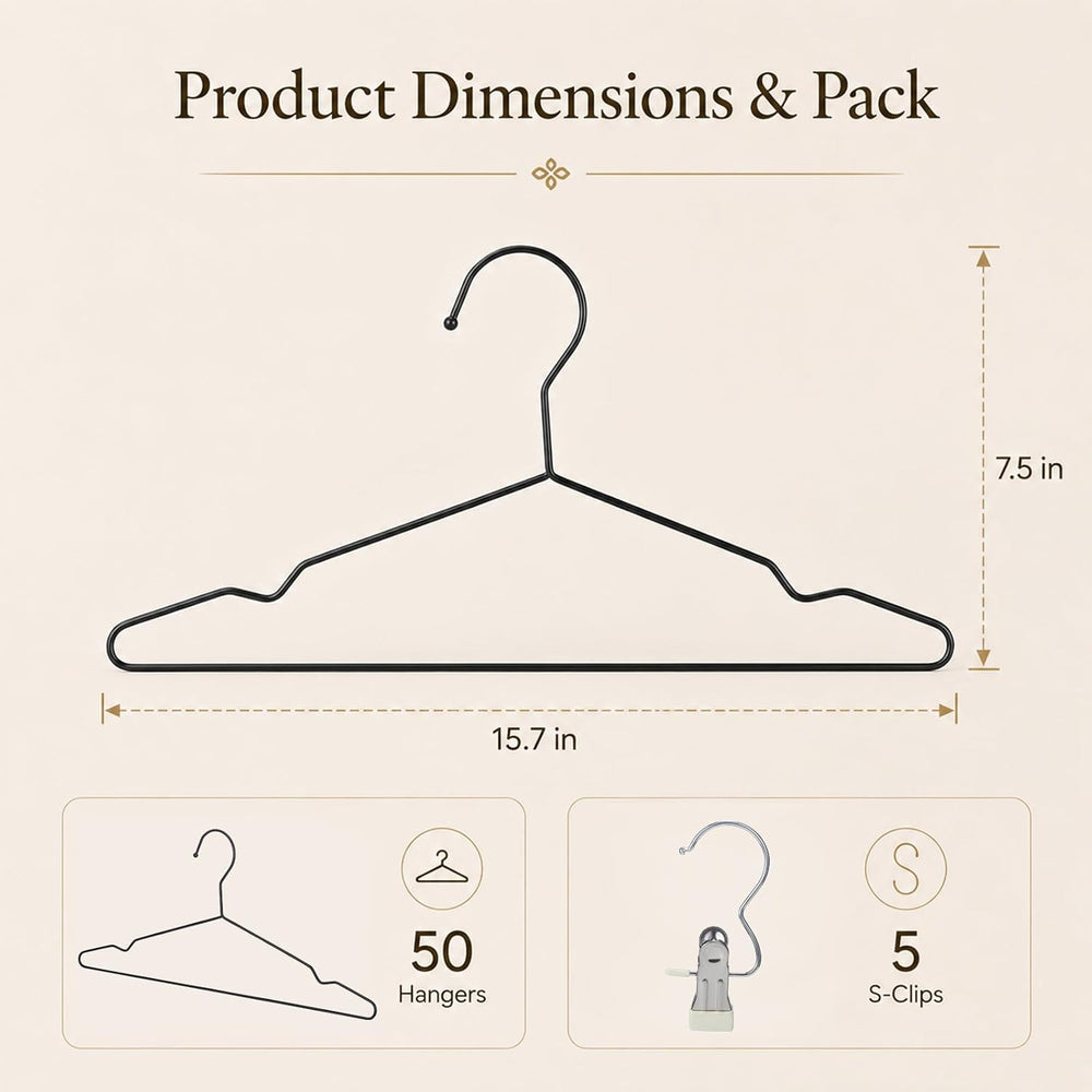 50 Pcs Black Metal Hangers with 5 Pcs Clips- 15.7 x 7.5 in Heavy-Duty Clothes...