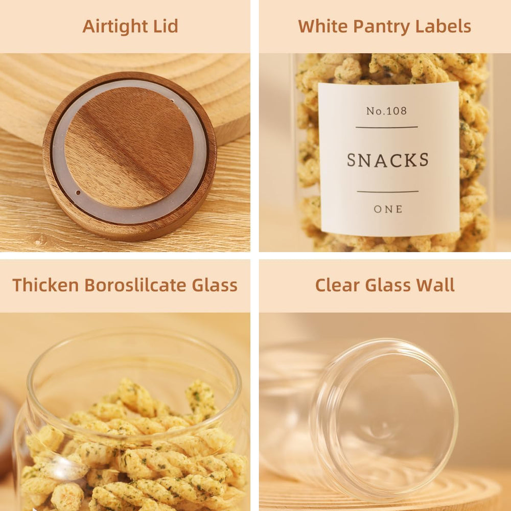 6 Pack Glass Canisters with Airtight Acacia Lids and 132 Kitchen Pantey Label...