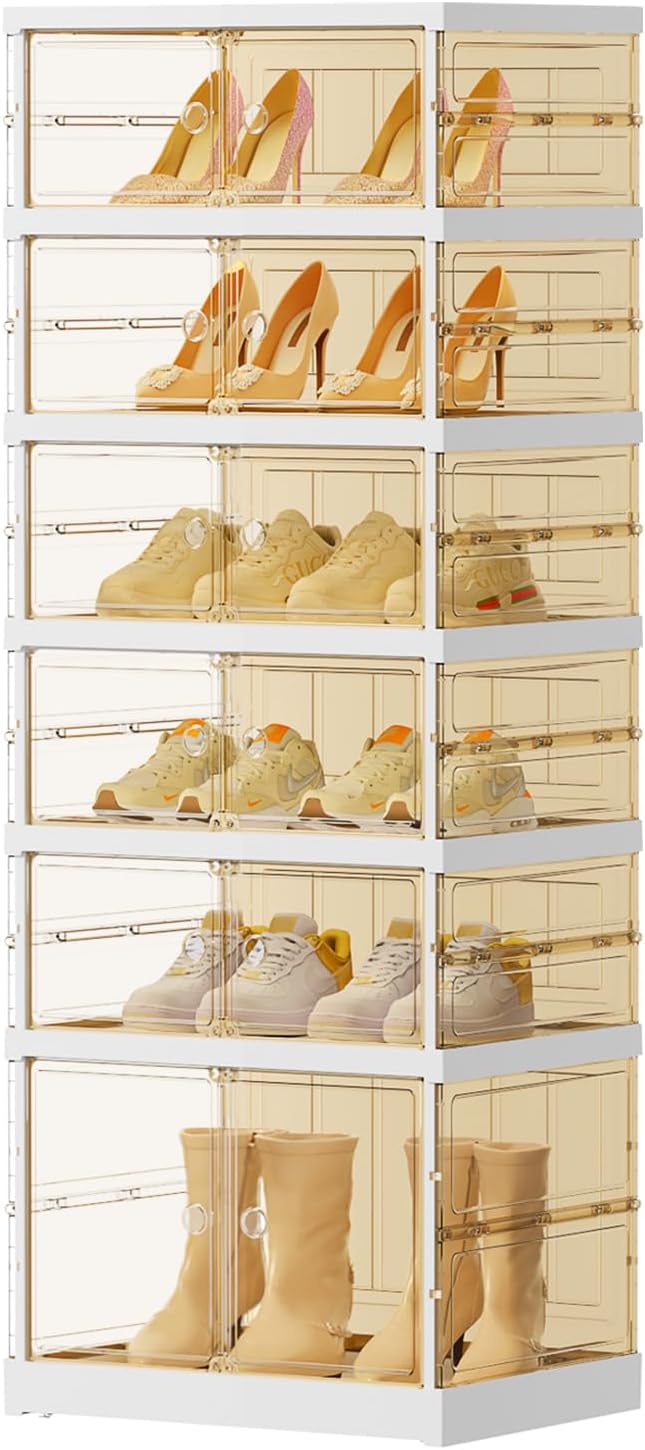 EHAMILY 6-Tier Foldable Shoe Rack Organizer with Doors, 12 Pairs, White