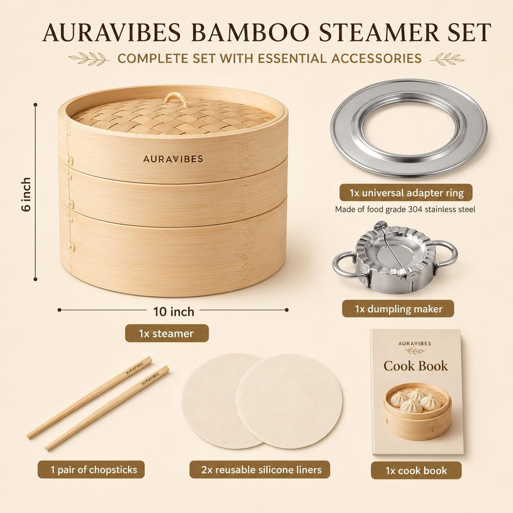 Bamboo Steamer Basket 10 Inch 2 Tier