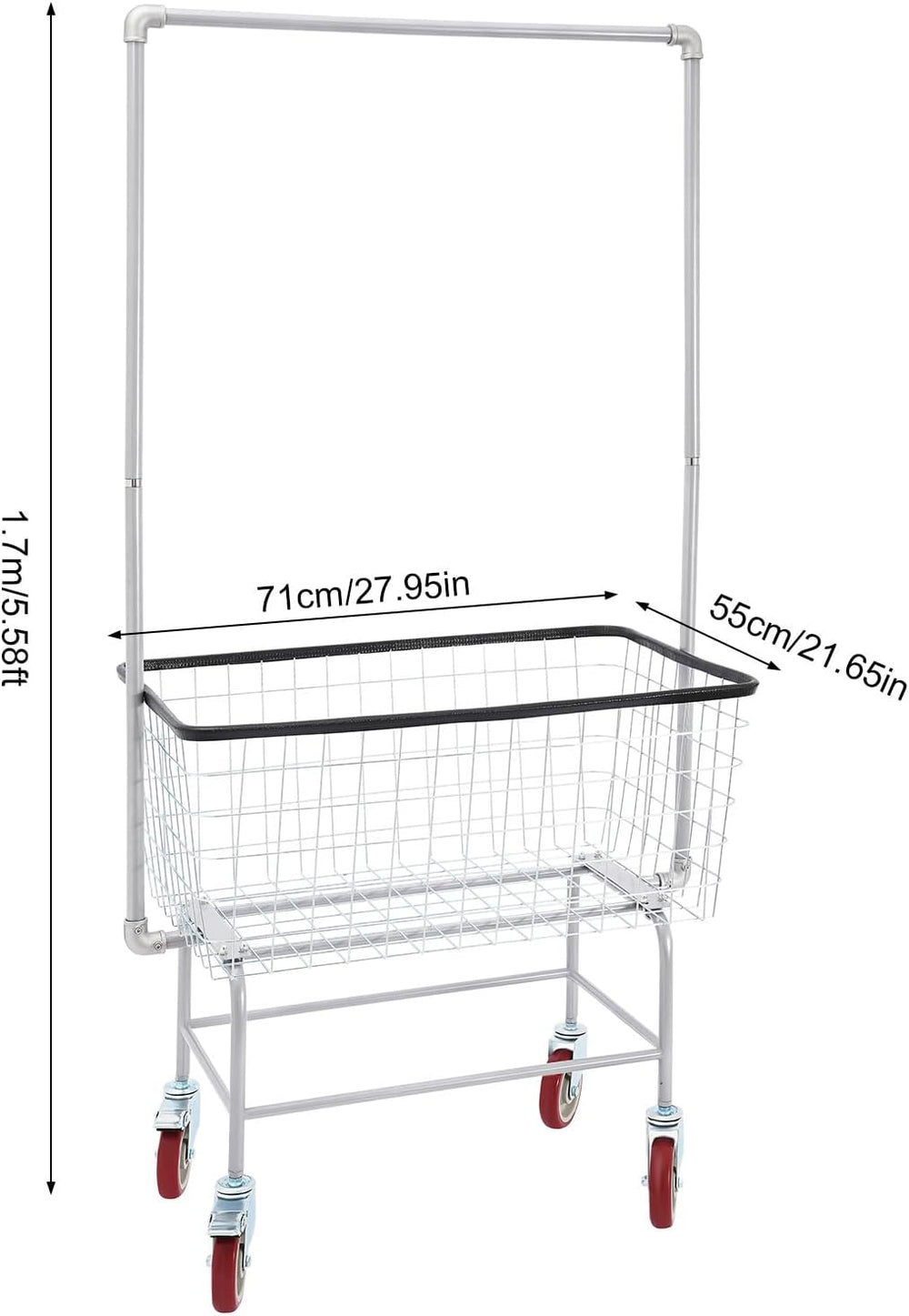 Wire Laundry Cart With Hanging Rack, 2.5 Bushel Wire Laundry Basket with Whee...
