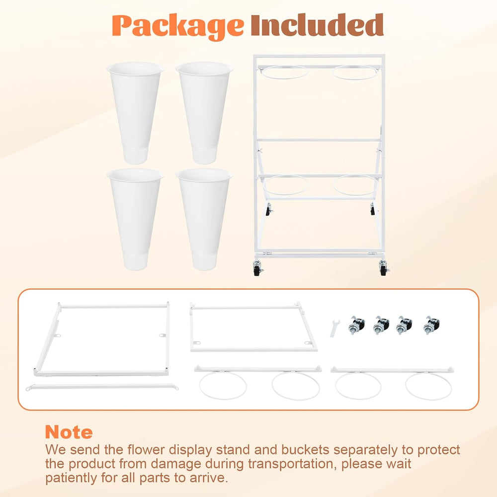 Flower Display Stand with 4 Buckets, 2-Tiers Metal Mobile Florist Bouquet Sta...