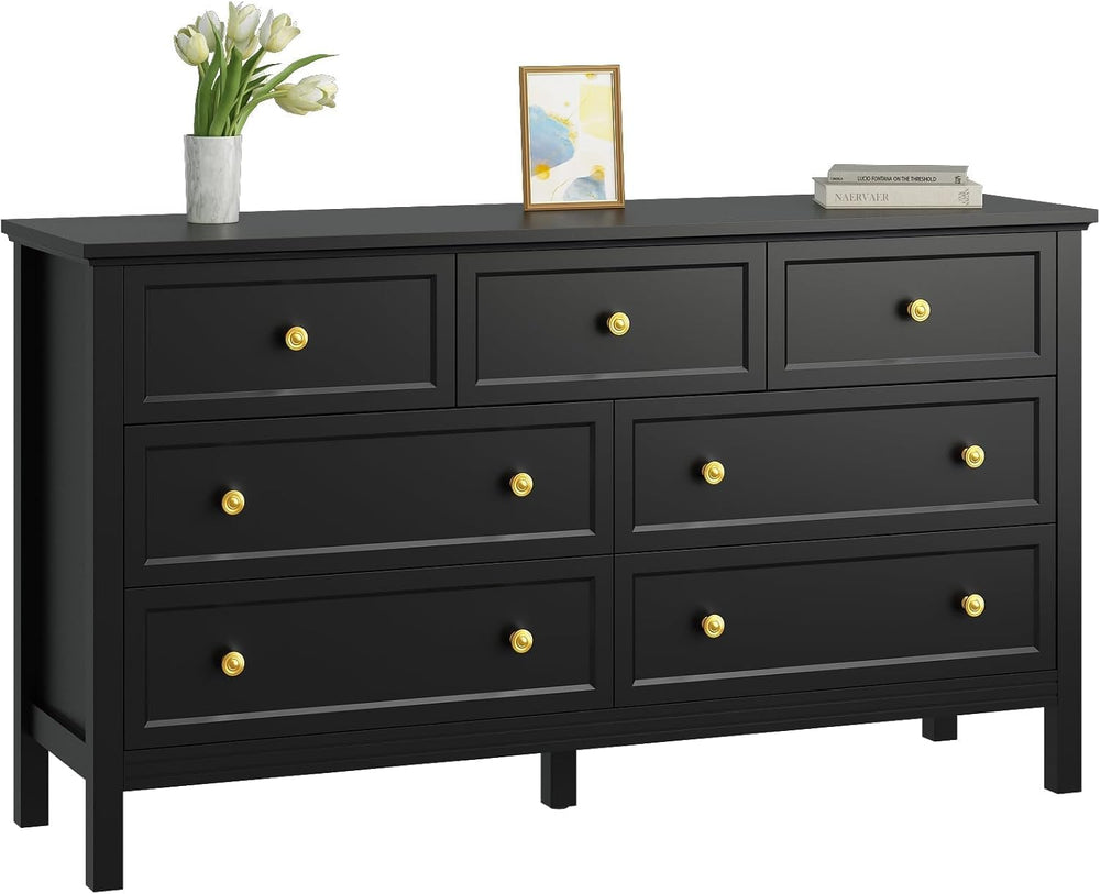 CARPETNAL 55" Black Dresser for Bedroom, 7 Drawer Black and Gold Dresser...