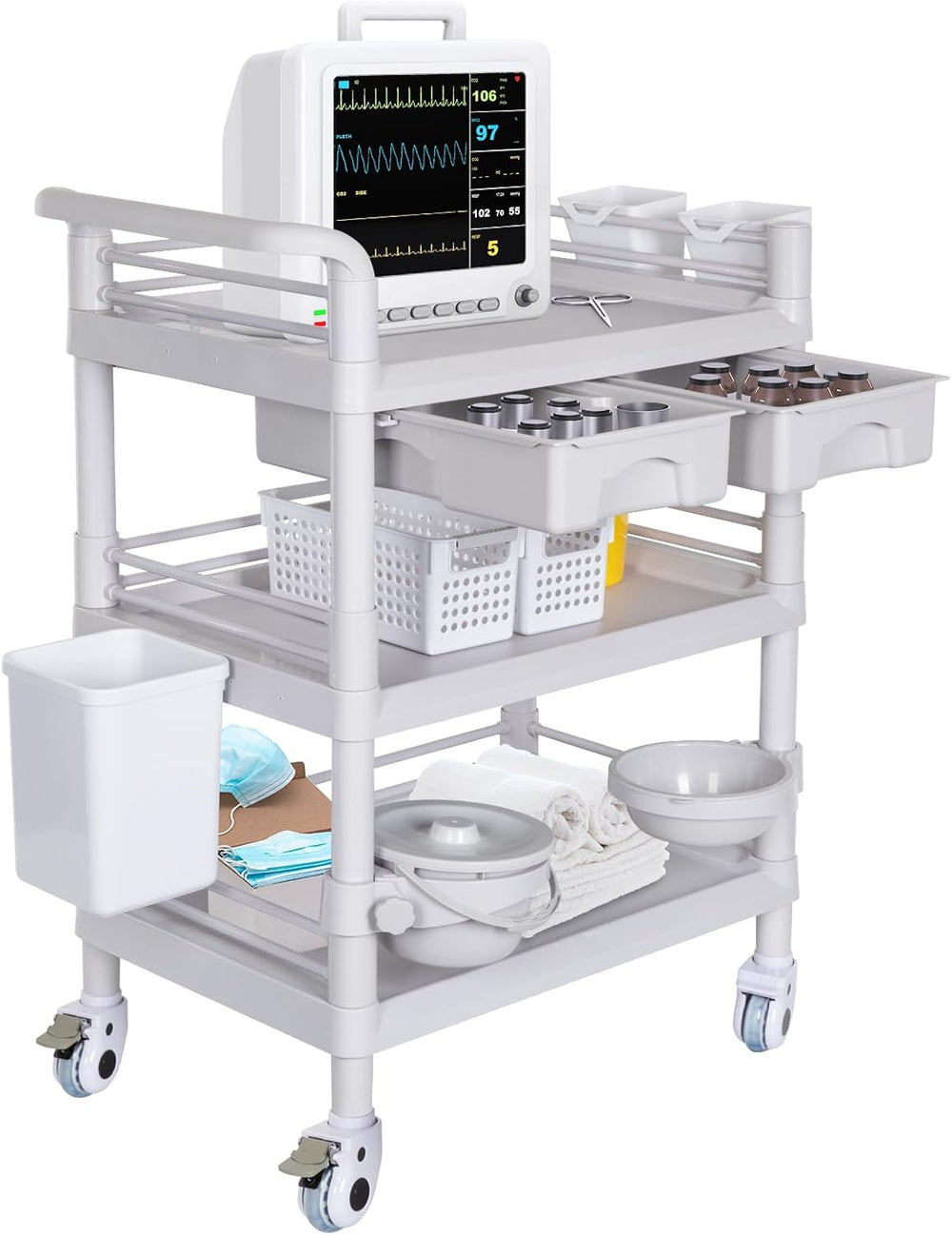 Mobile Medical Cart 3-Tier Professional Utility Cart 330 LBS Max Load