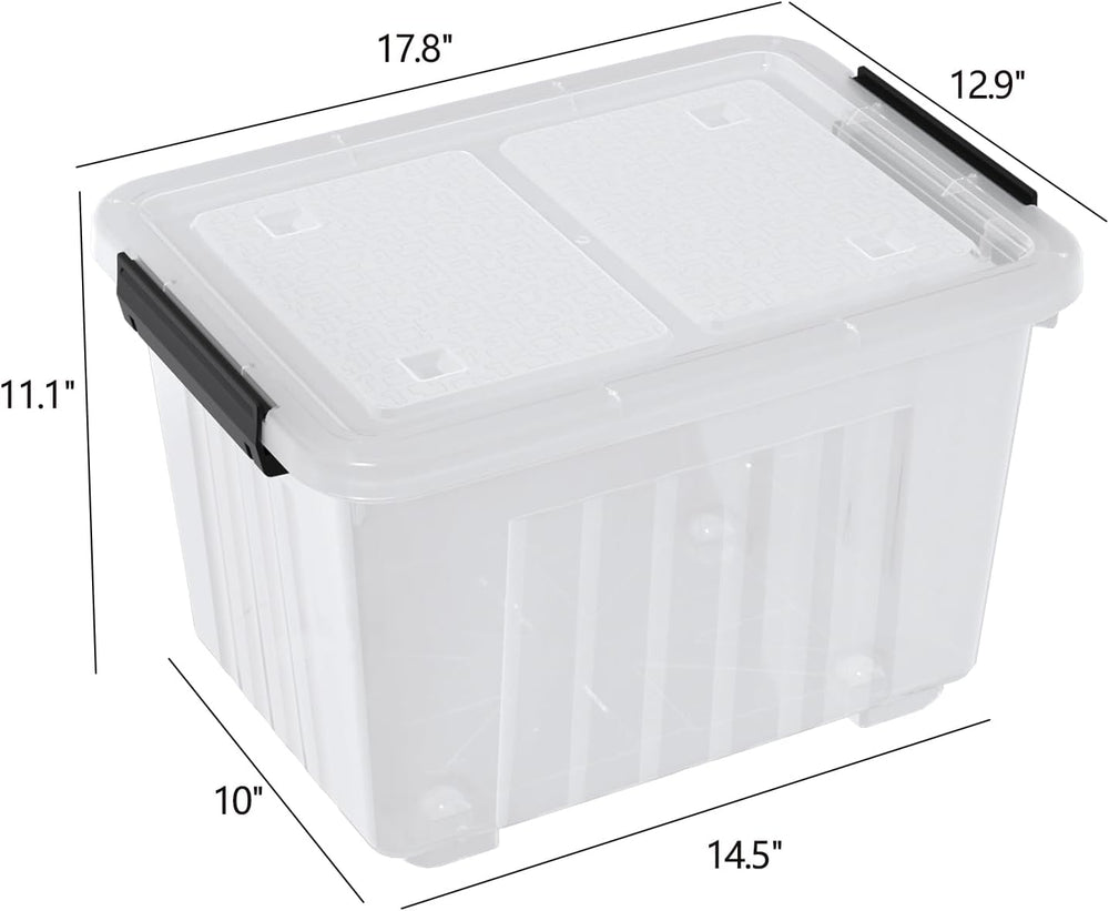 30 L Plastic Storage Bins with Wheels, Clear Latching Box, 4-Pack