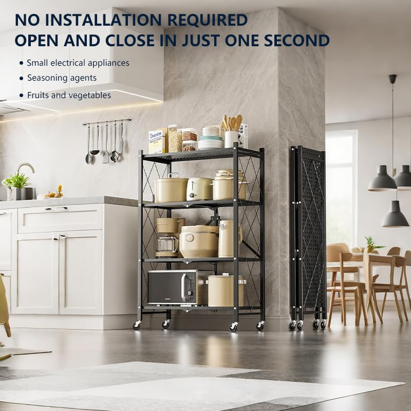 Four-Layer Foldable Storage Metal Shelf with Locking Wheels,Easy Assembly and...
