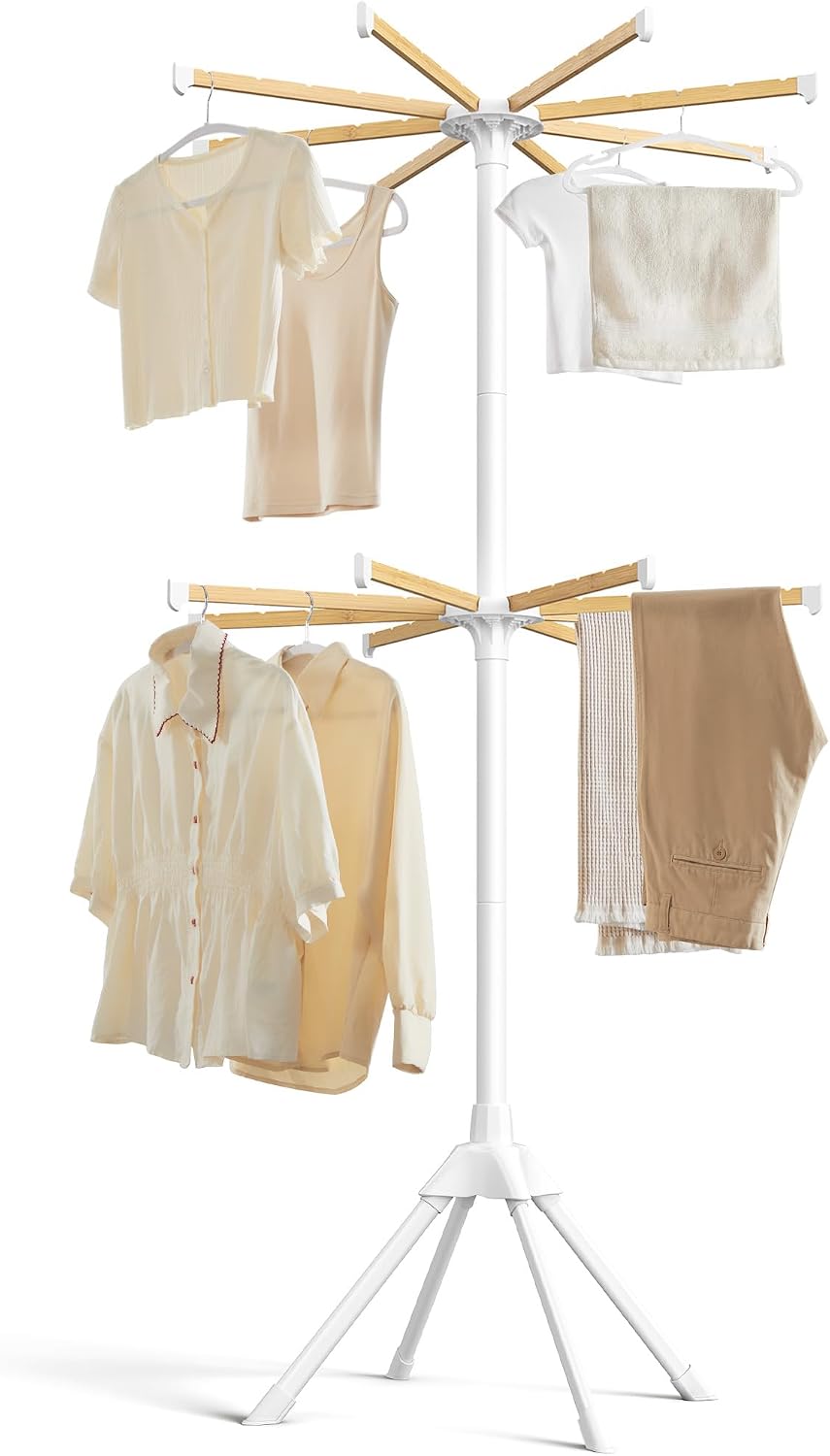 SONGMICS Clothes Drying Rack, Foldable Steel Airer, Bamboo Hanging Rods