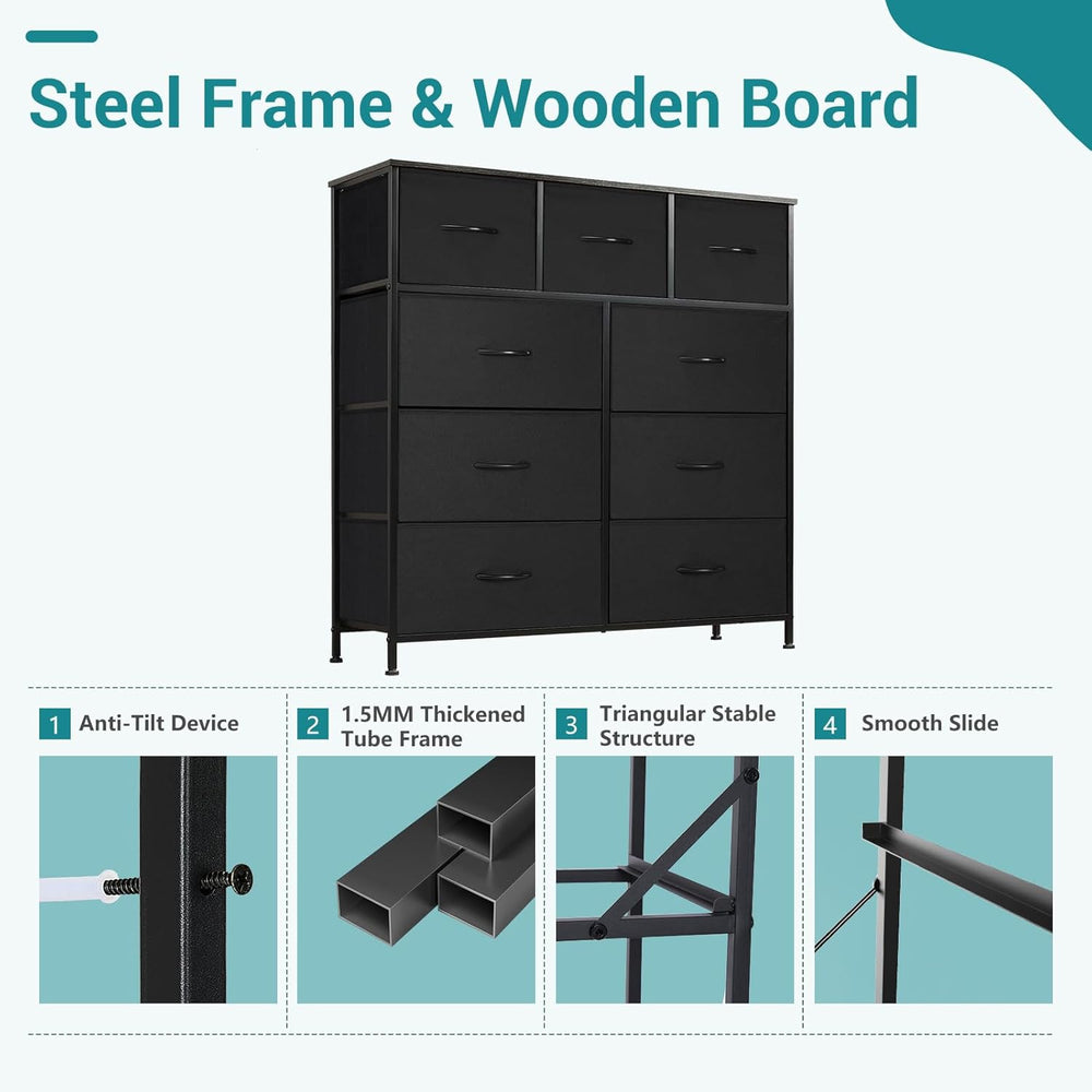 OLIXIS 9 Drawer Black Dresser for Bedroom, Closet Organizer Storage Tower