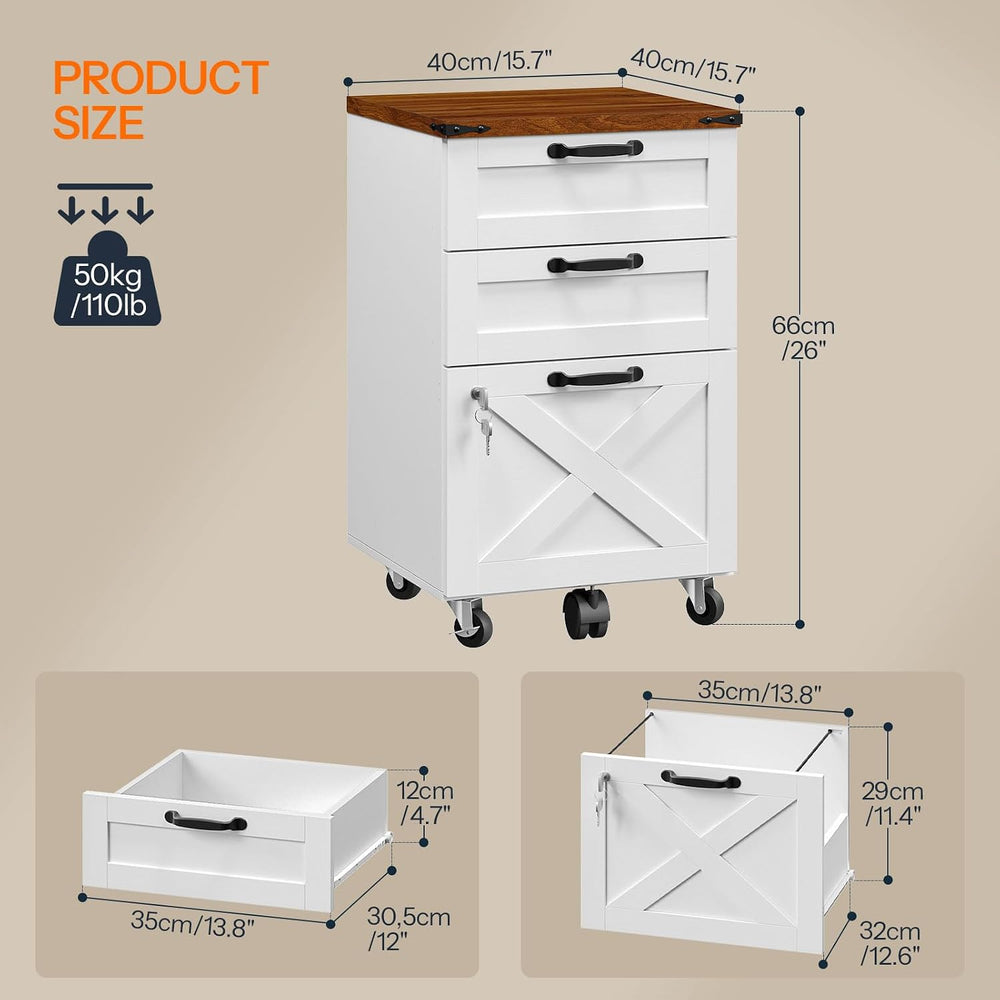 HOOBRO 3 Drawer File Cabinet with Lock, Mobile Farmhouse Filing Cabinet for A...