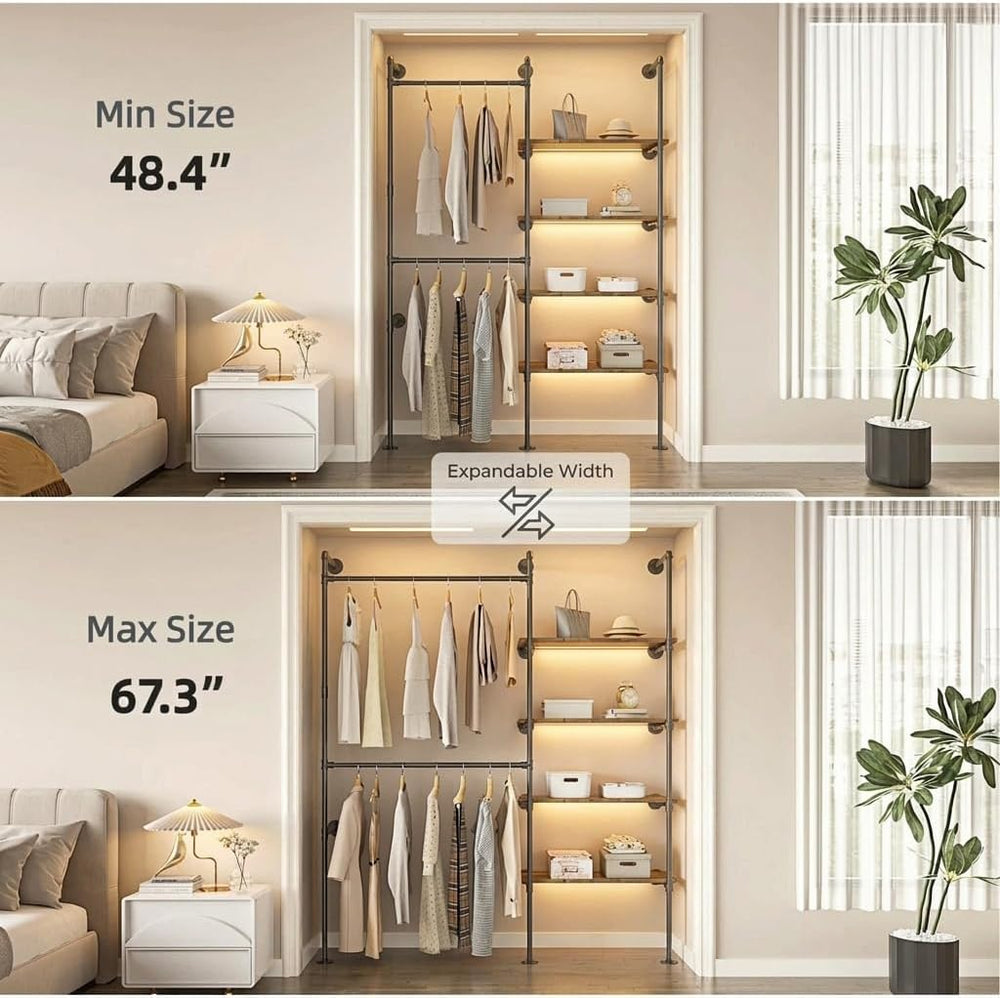 Expandable Industrial Pipe Clothing Rack with LED Lights