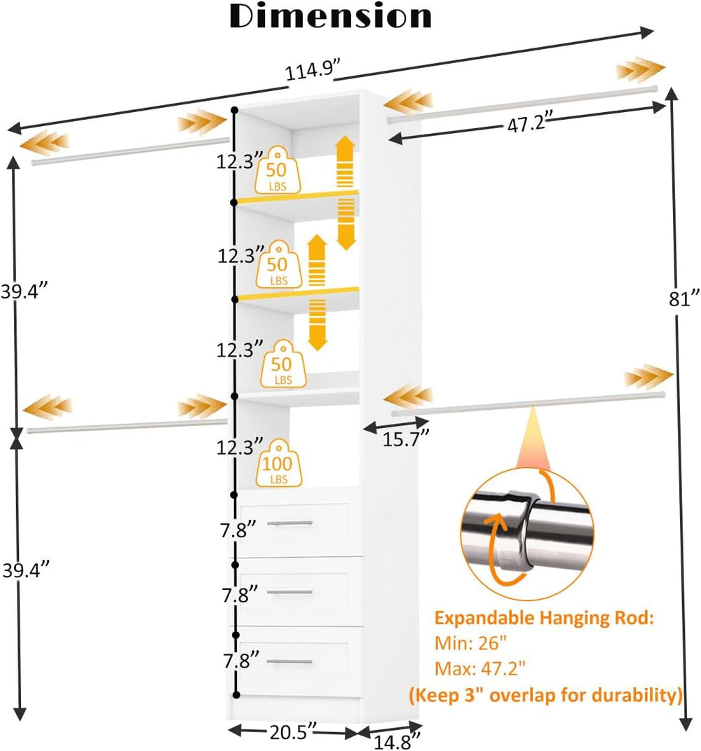 Closet System with Drawers, 5FT-9FT Custom Closet Organizer System 114.9"...