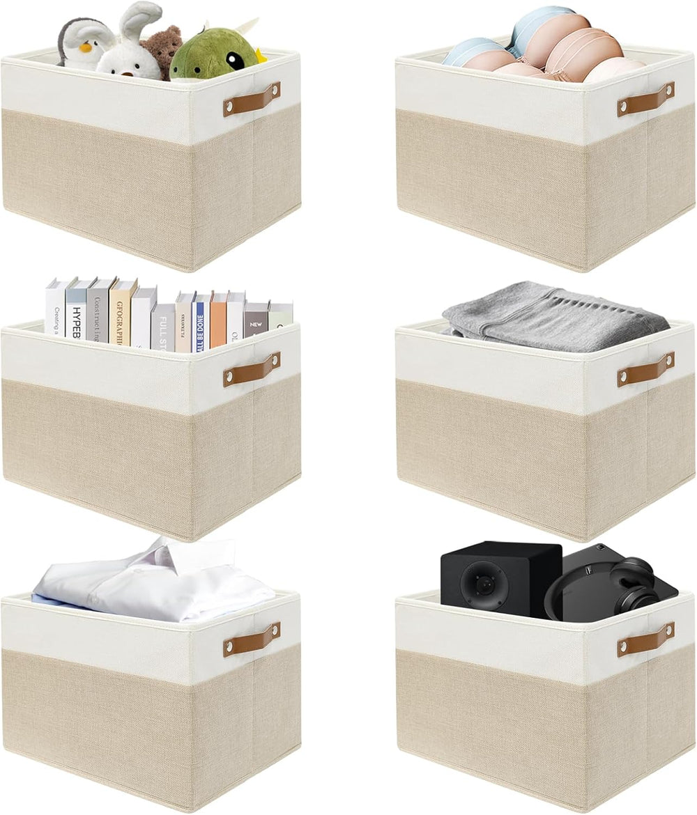 SNWDN 6 Pack Collapsible Fabric Storage Baskets with Handles (White/Beige 15&...