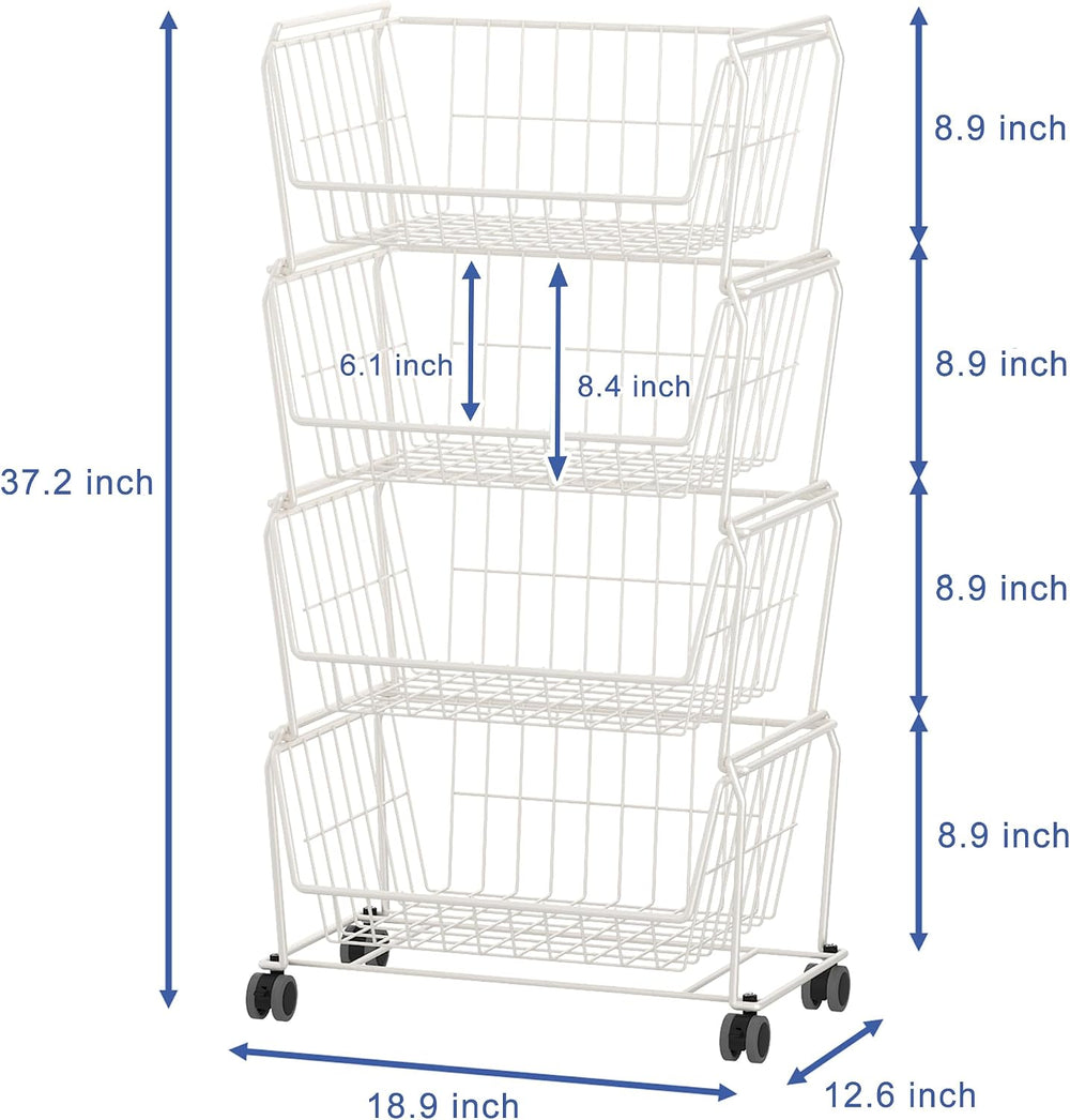 PUSDON 4-Tier Large Stackable Wire Storage Baskets with Wheels, Metal Rolling...