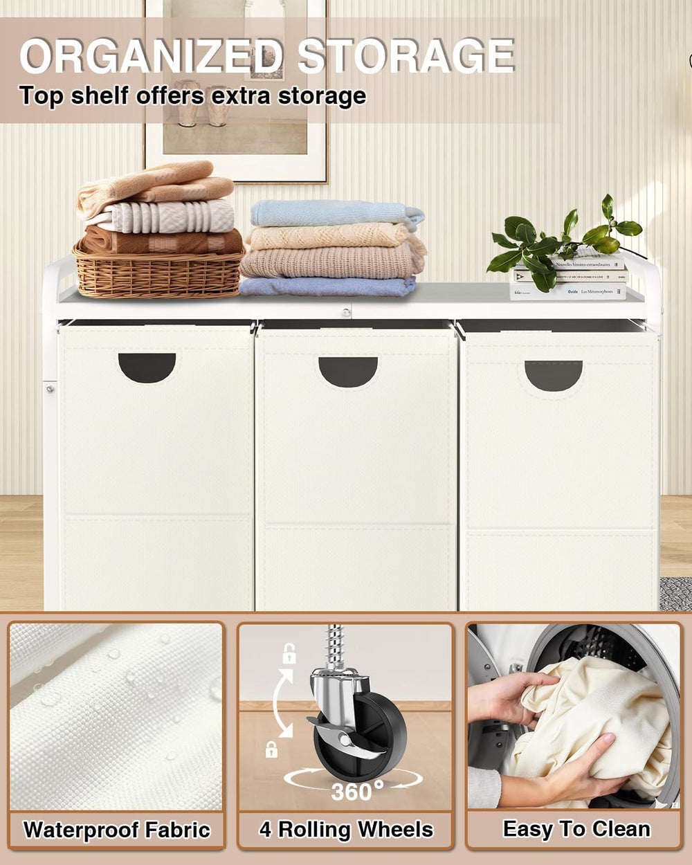 Laundry Hamper 3 Section,Laundry Basket with Wheels,3×15.8 Gal (60L) White