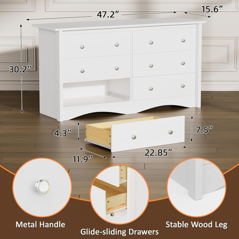 Flamaker Dresser for Bedroom, 6 Drawer Wood Dresser, White