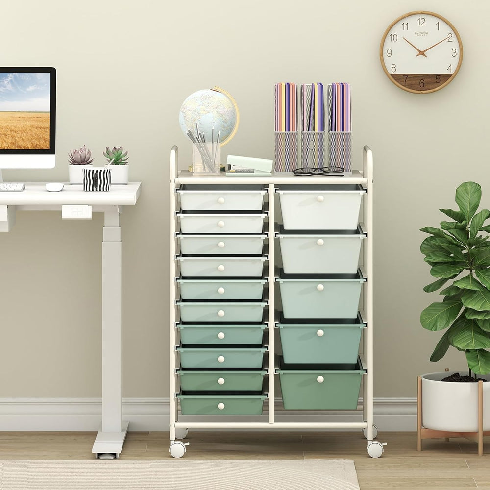 LDAILY 15 Drawer Rolling Storage Cart, Rolling Cart with Drawers for Classroo...