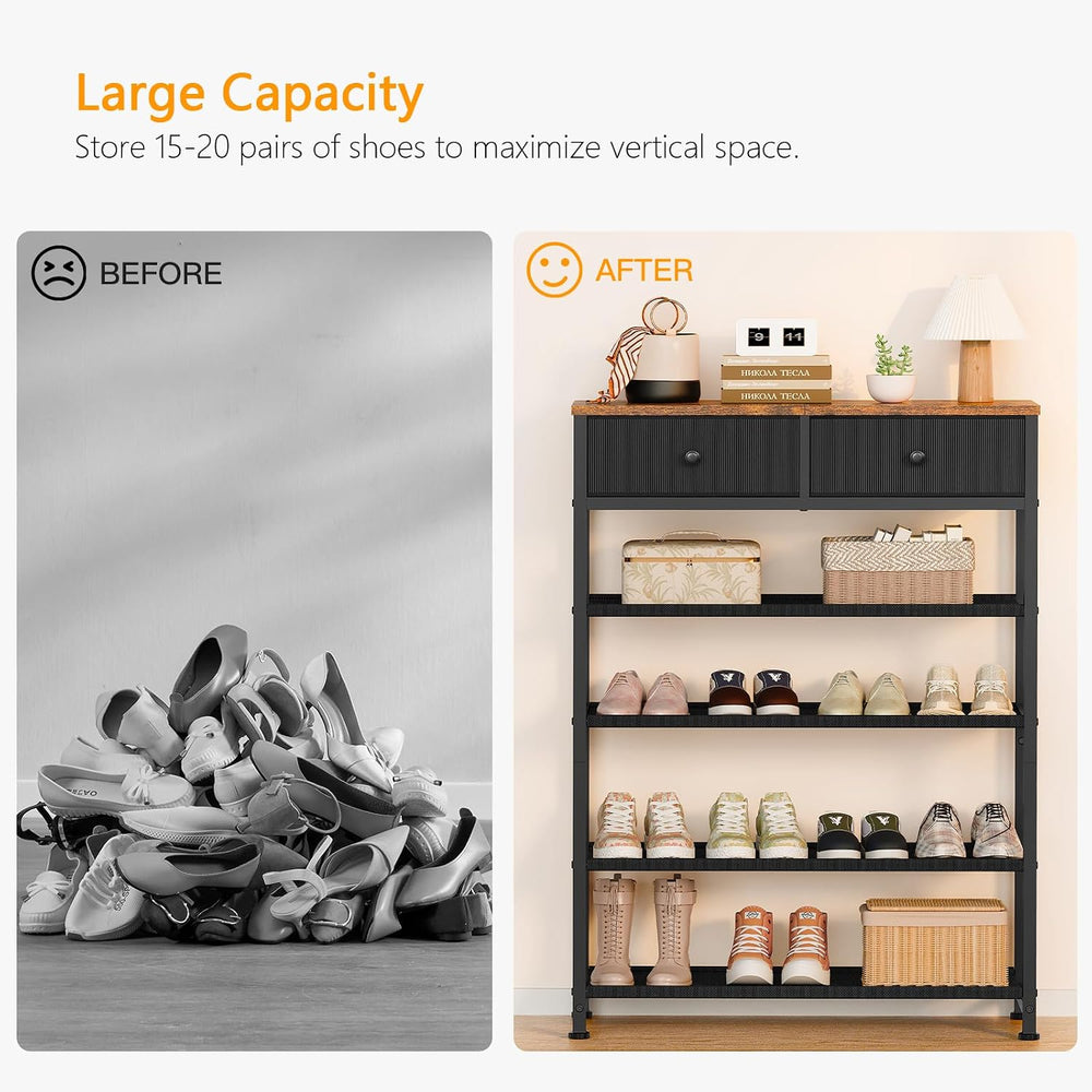usikey Shoe Rack, 5 Tier Shoe Storage Organizer with 2 Drawers, Metal Shoe Sh...