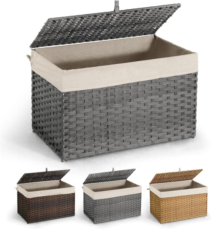 CAPHAUS Handwoven Storage Basket w/Lid and Handles, 2 Removable Liner Bags, Foldable Clothes Basket for Laundry, Large Synthetic Rattan Laundry Basket w/Lid, Laundry Basket w/Lid, 160L, Grey