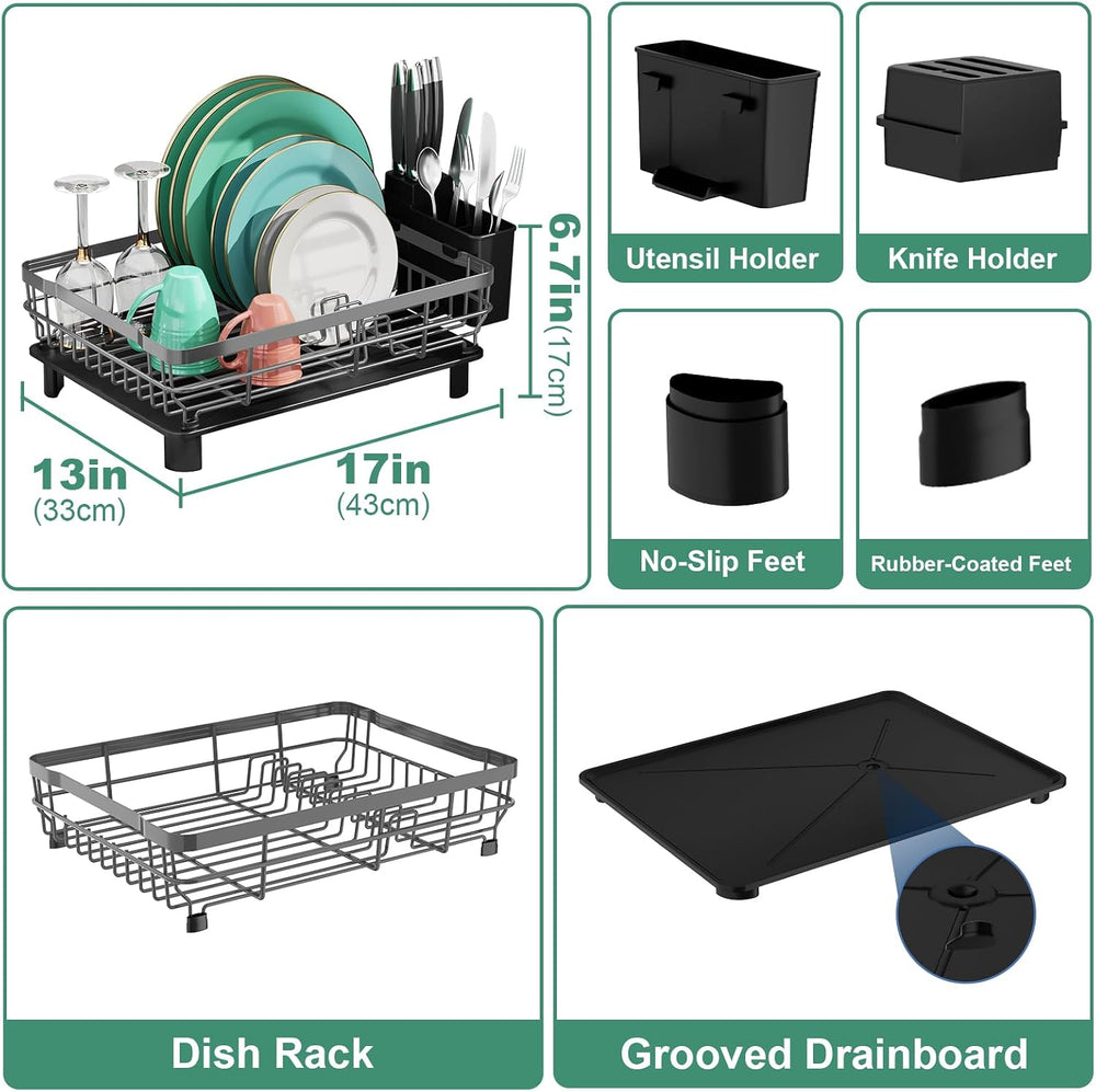 MOUKABAL Dish Drying Rack with Drainboard for Kitchen Counter, Grey