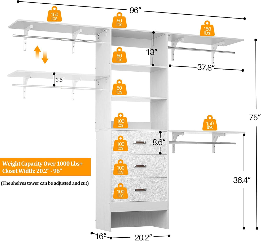 Besiost Closet System with Drawer - 8FT Wood Closet Organizer System with 3 H...