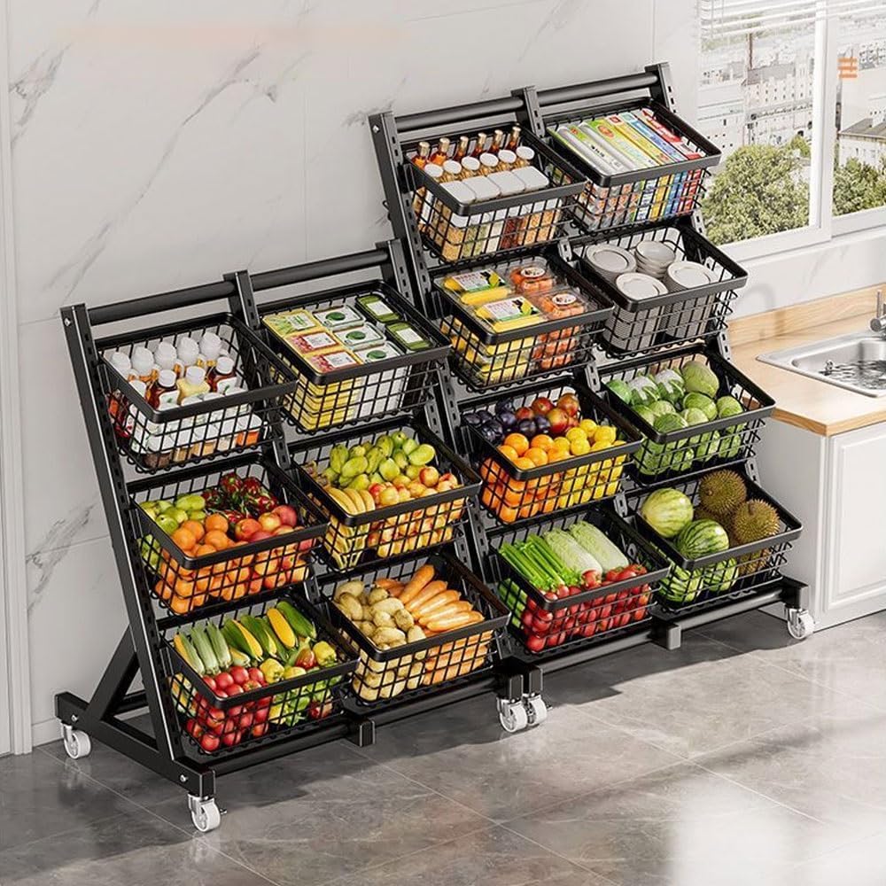 4-Tier Fruit Vegetable Rack, Kitchen Organizer with Wheels(Black)