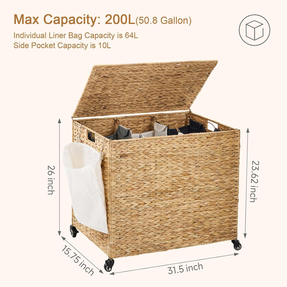 Laundry Hamper with Wheels, 52.8 Gallon(200L) Water Hyacinth Laundry Basket w...