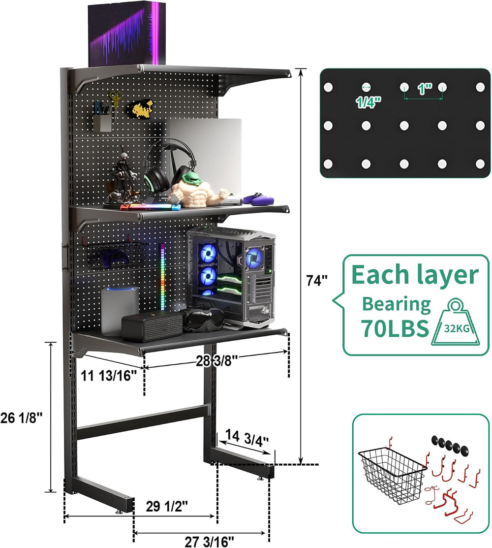 JWX DDB Freestanding Pegboard Shelf, 210 lb Capacity, 30 x 74 Inch, Black