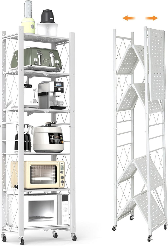 6-Tier Foldable Storage Shelves with Wheels, Folding Metal Shelf Unit