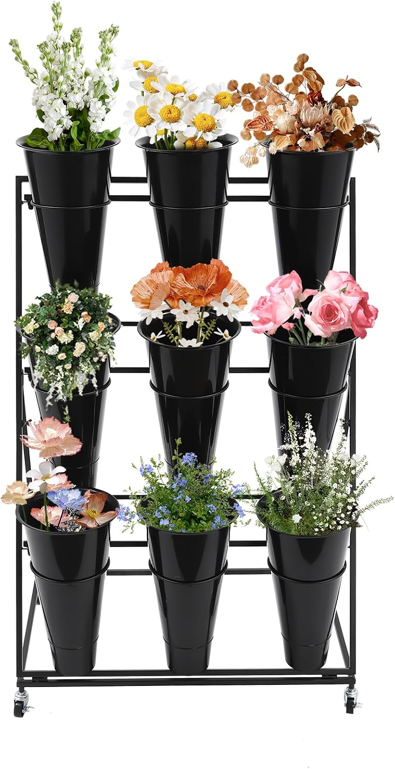 Flower Display Stand with 9 Pcs Round Buckets, 3 Layers Metal Plant Stand Mov...