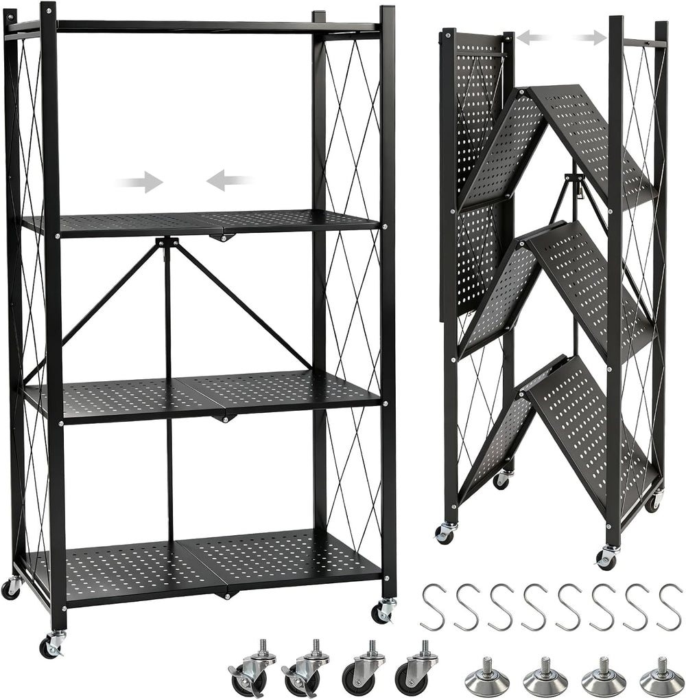 4 Tier Foldable Storage Shelves with Wheels No Assembly