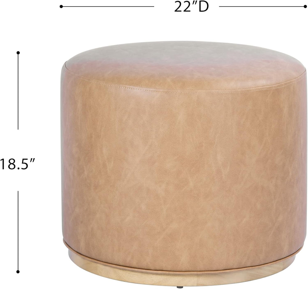 Spatial Order 22" Round Ottoman with Wooden Base - Sand Faux Leather