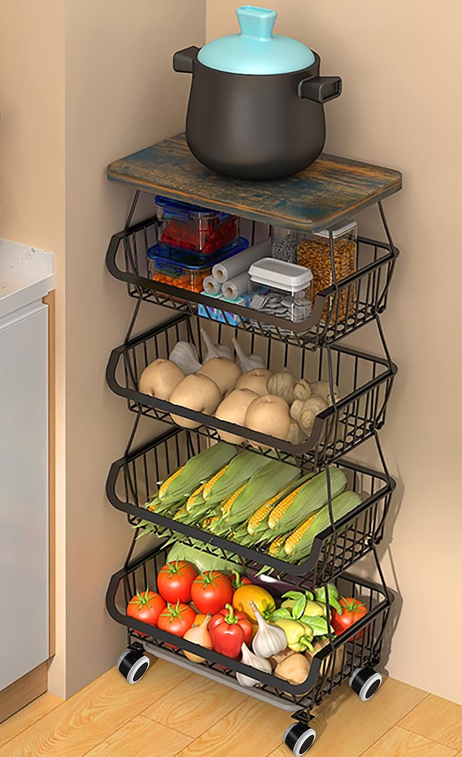 asunflower Kitchen Storage Baskets with Wooded Table Top, 5 Tier Stackable Fr...