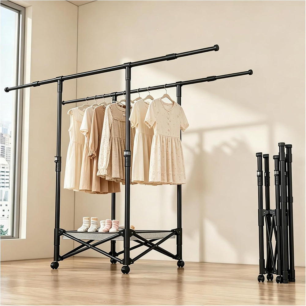 Foldable Collapsible Rolling Clothes Drying Rack,Adjustable Double Rods Laund...