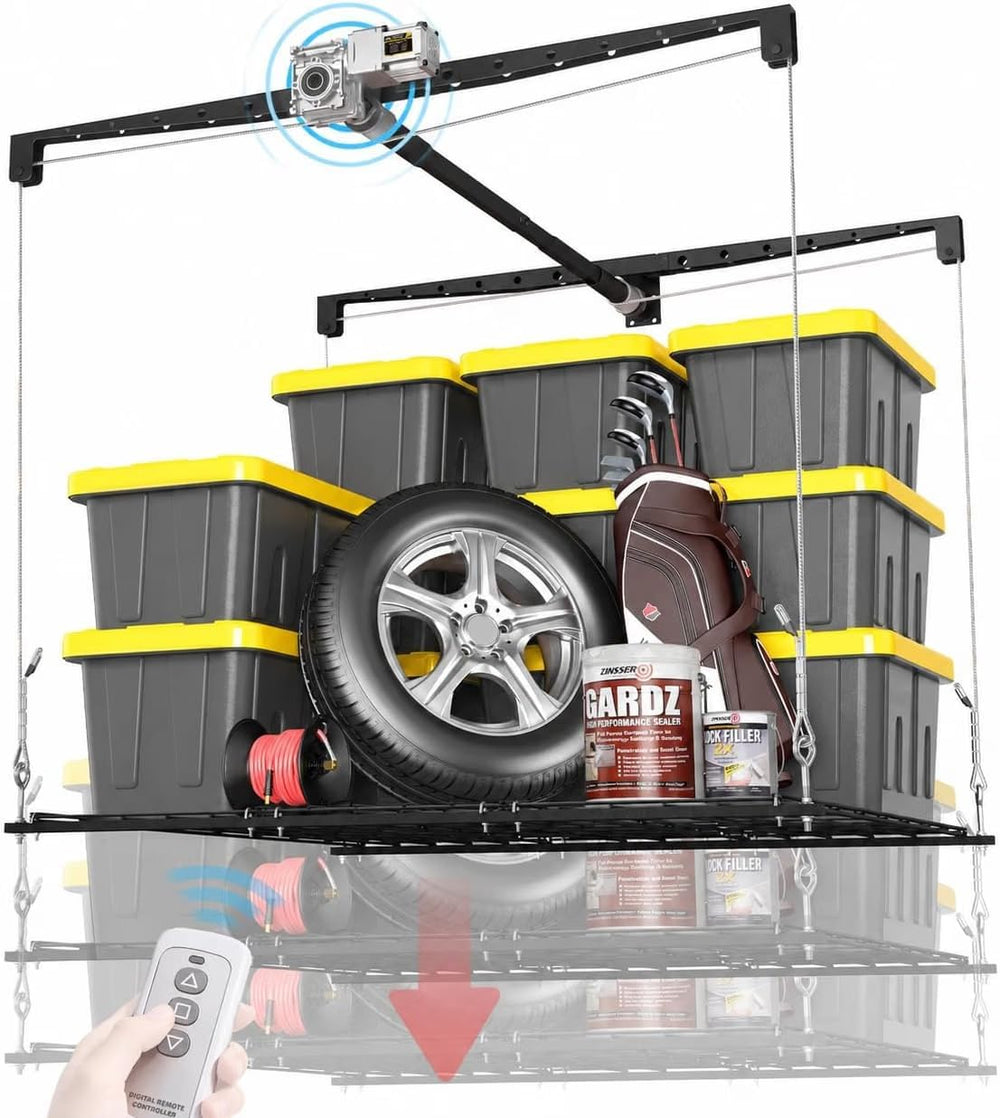 Motorized Overhead Garage Storage Rack with Remote Control, 4x4 FT Garage Cei...