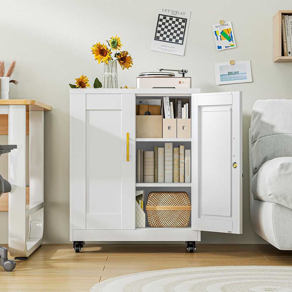 Metal Storage Cabinet with Wheels, 36" Tall Locking Storage White