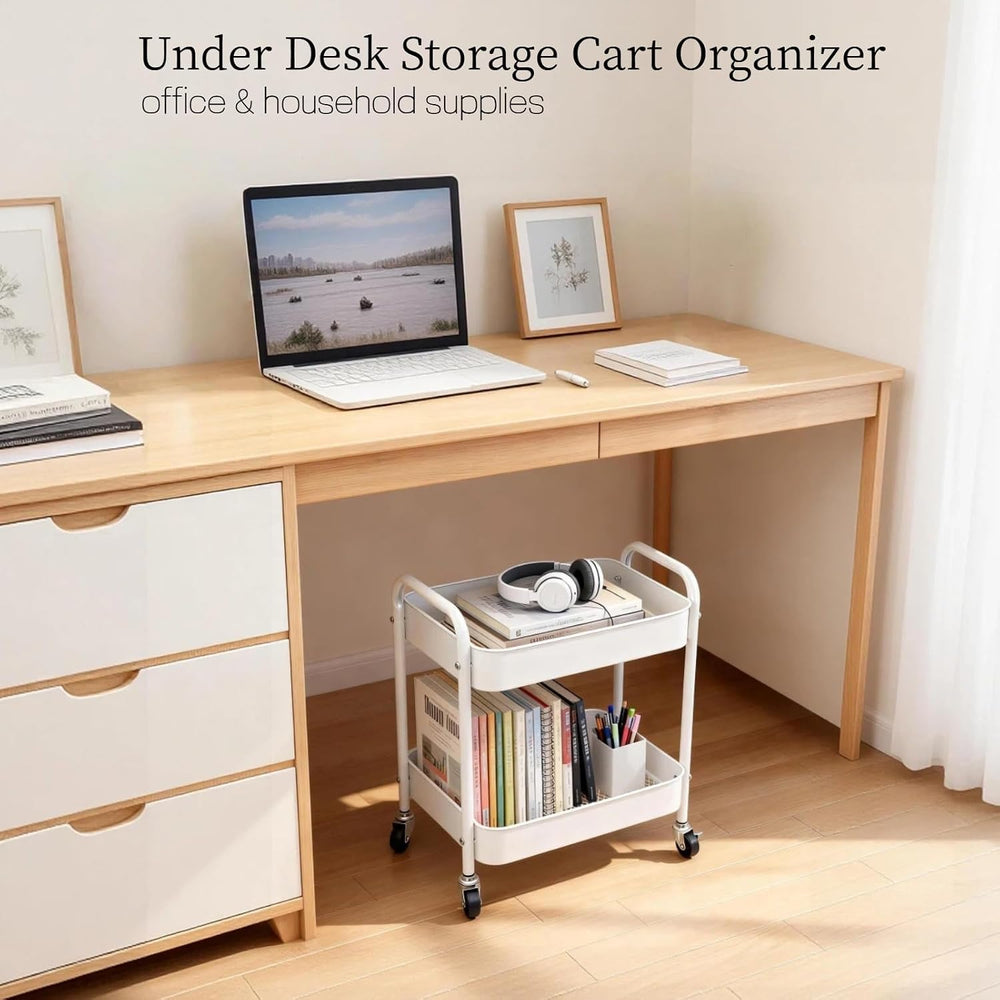 Under Desk Storage Cart 2 Tier Utility Rolling Cart with Wheels, Small Metal ...