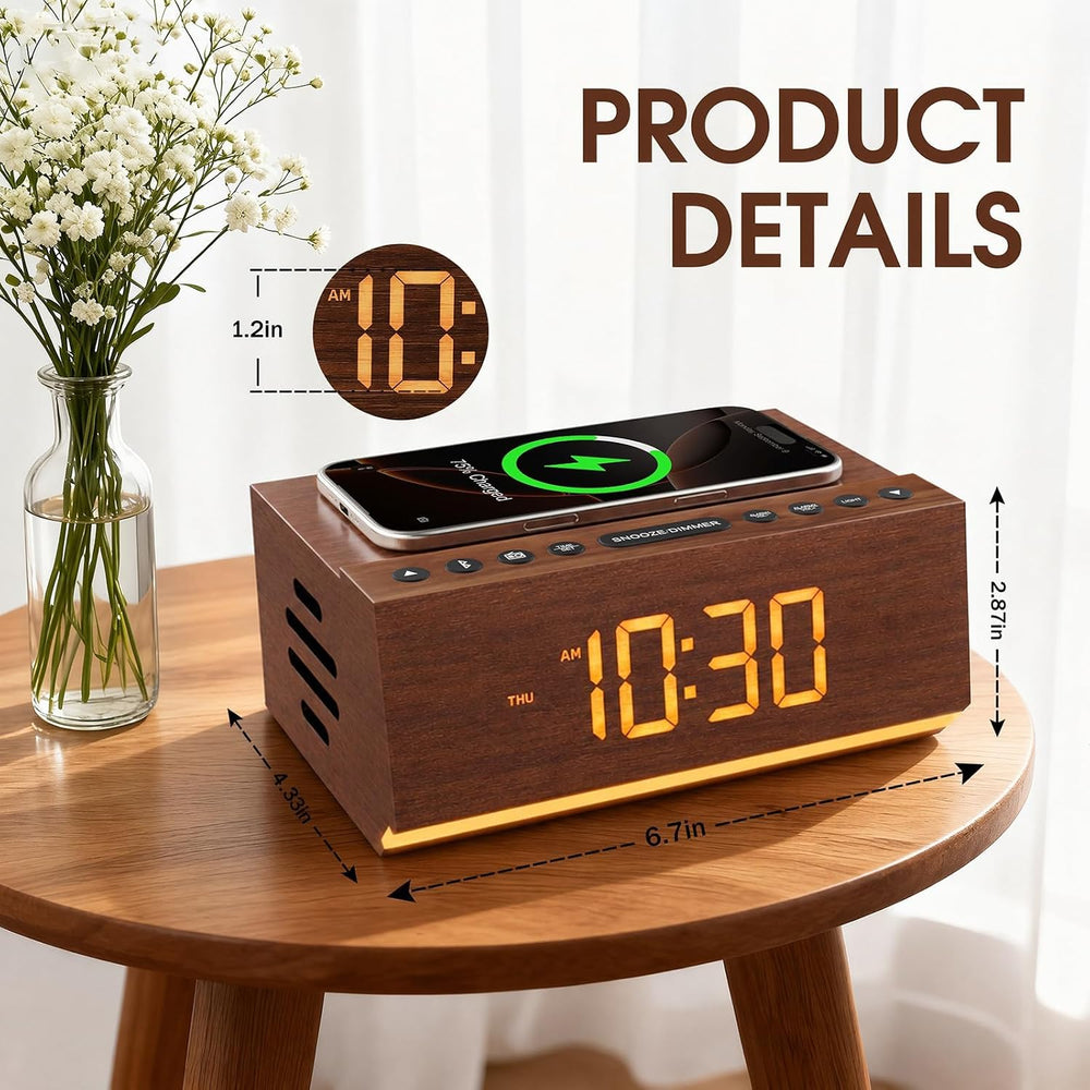 Wooden Digital Alarm Clock with Wireless Charging & Bluetooth Speaker
