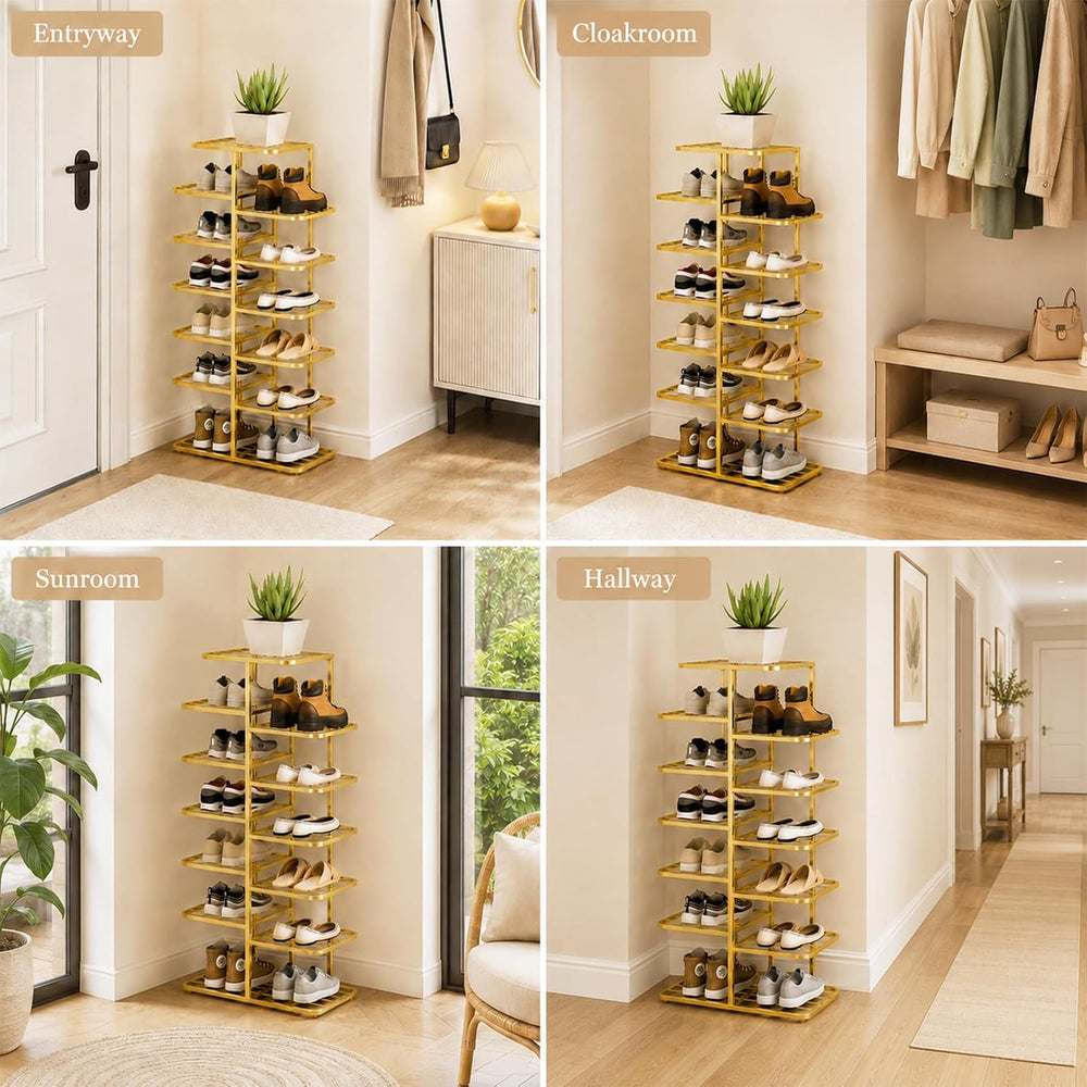 JSWHYBD Gold Shoe Rack Tower, Narrow Metal Organizer for Small Spaces