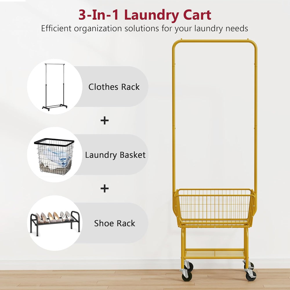 Tajsoon Rolling Laundry Cart with Hanging Rack & Laundry Basket, Gold